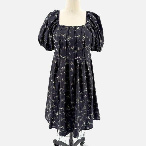 XIEERDUO FASHION Black Ditsy Floral Puff Sleeve Pleated Mini Dress XL NEW - Picture 10 of 11